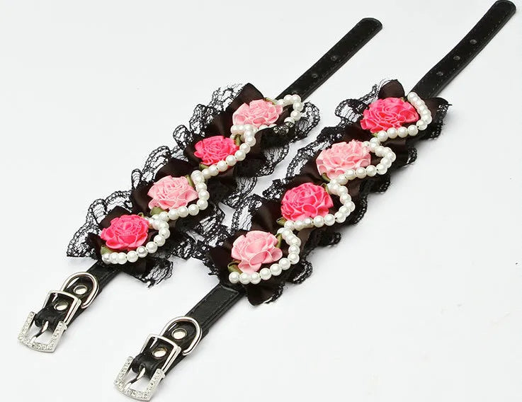 Hot fashion Flower lace pet dog collar with Pearl For Small Animals Soft Leather Adjustable Puppy Cat Collar Harness 3 color