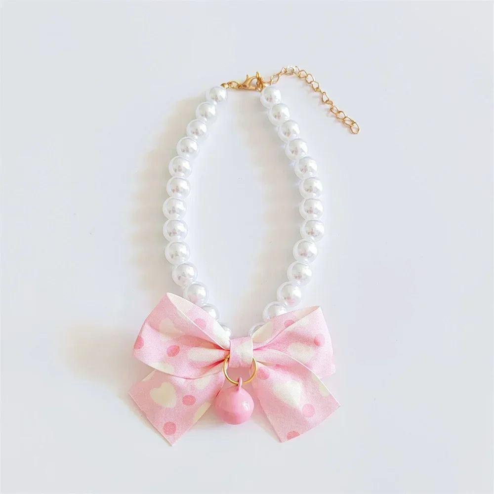 1pc Dog Collar Cute Adjustable Kitten Dog Bell Necklace Jewelry Pearl Bow Pet Collar Elegant Party Dress Collar Cat Accessories