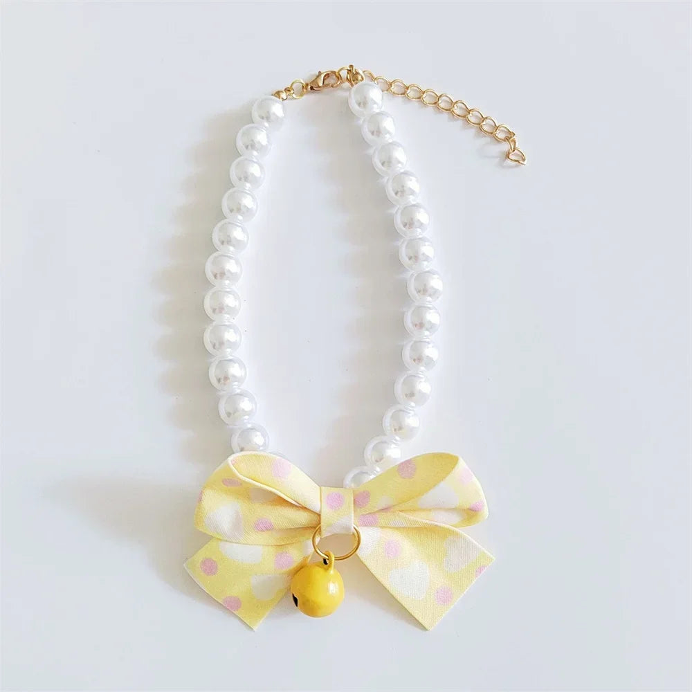 1pc Dog Collar Cute Adjustable Kitten Dog Bell Necklace Jewelry Pearl Bow Pet Collar Elegant Party Dress Collar Cat Accessories