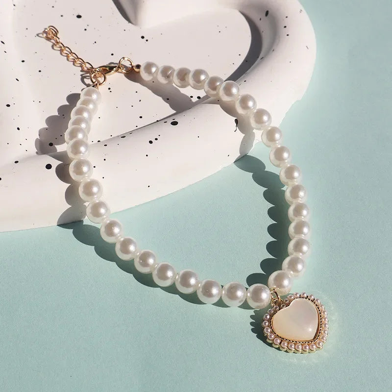 Fashion Adjustable Dog Cat Pearl Necklace Jewelry Opal Heart Collar Pendant Pet Collar Wedding Birthday Prom Costume Accessories