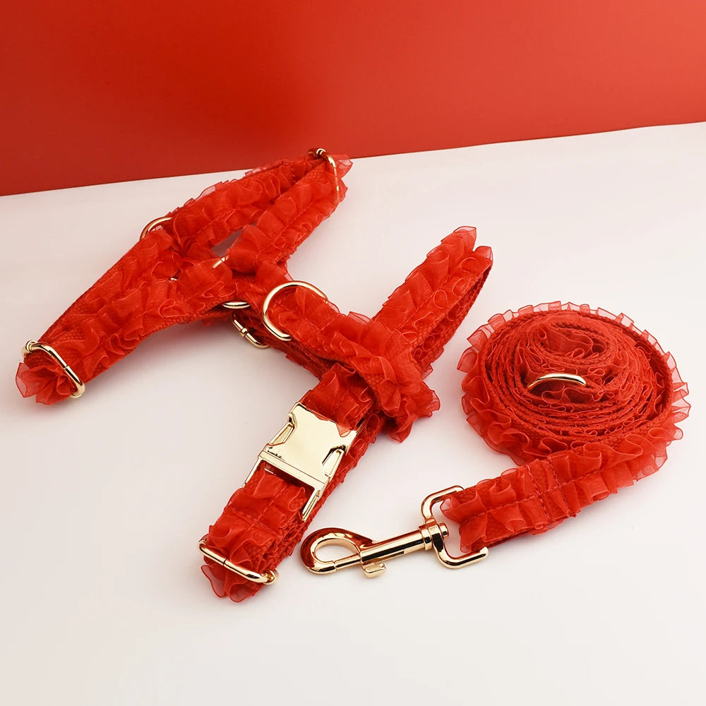 Custom Engraved Red Lace Dog Collar - Personalized PetHarness Luxury Dog Accessories with Nameplate for Wedding Lace06