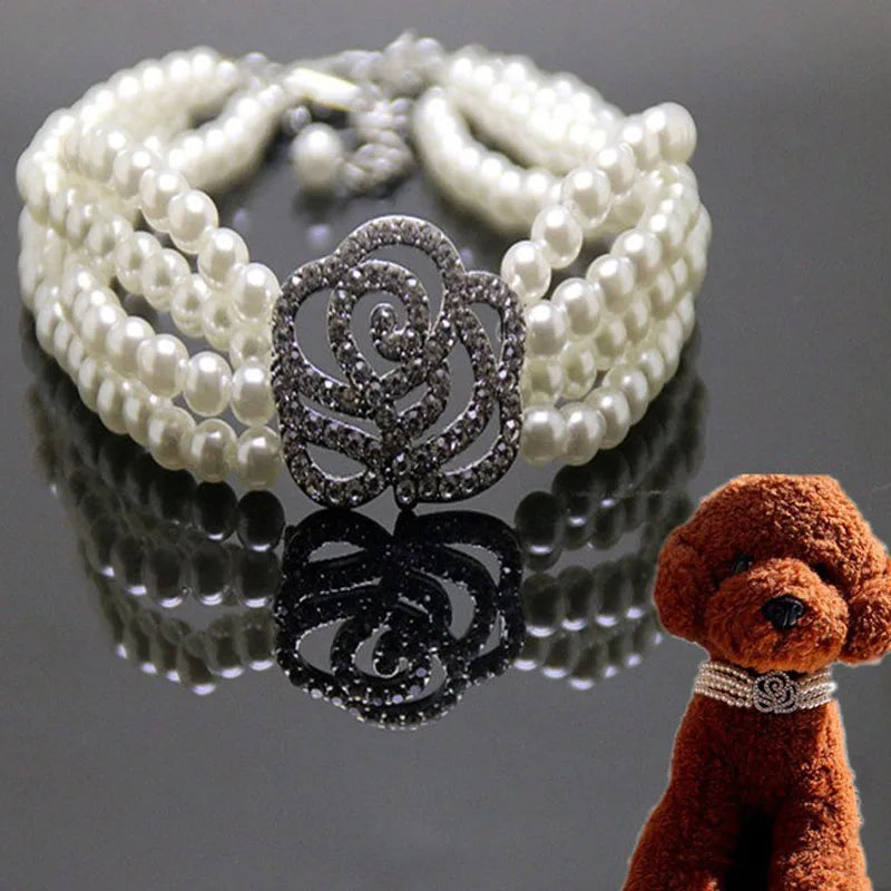 Luxury Cat Dog Collar Four-Rows Pearl Diamond Flower Necklace Collar Chain For Small Dog Cat 20/25/30cm Rhinestone Pet Accessory