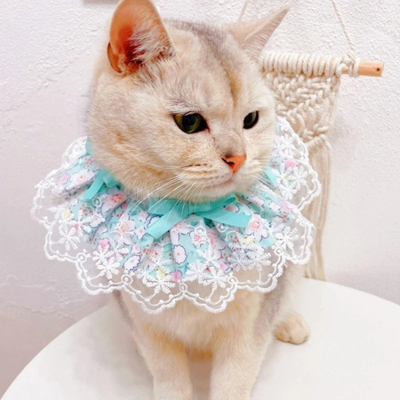 Romantic Floral Neck Collar for Pet Kittens Summer Lace Girl Pet Puppy Bibs Lace Up Bow Knot Ribbon French Bulldog Accessories