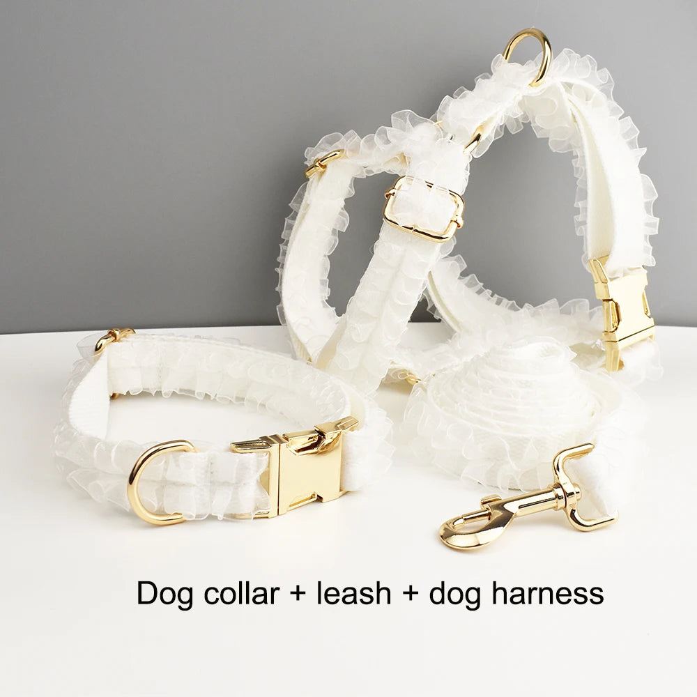 Custom Engraved White Lace Dog Collar Personalized Pet Wedding Harness Luxury Dog Accessories Nameplate Lace 01
