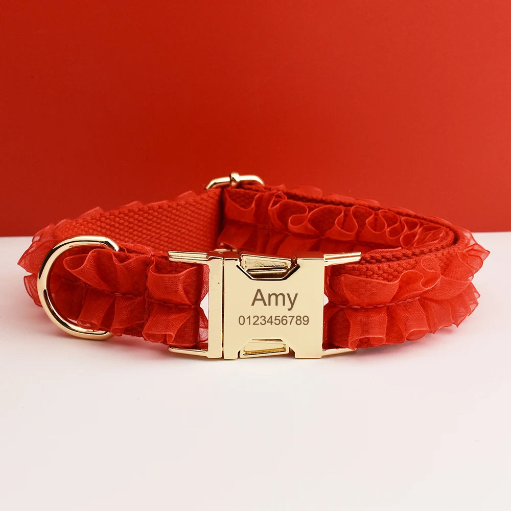 Custom Engraved Red Lace Dog Collar - Personalized PetHarness Luxury Dog Accessories with Nameplate for Wedding Lace06