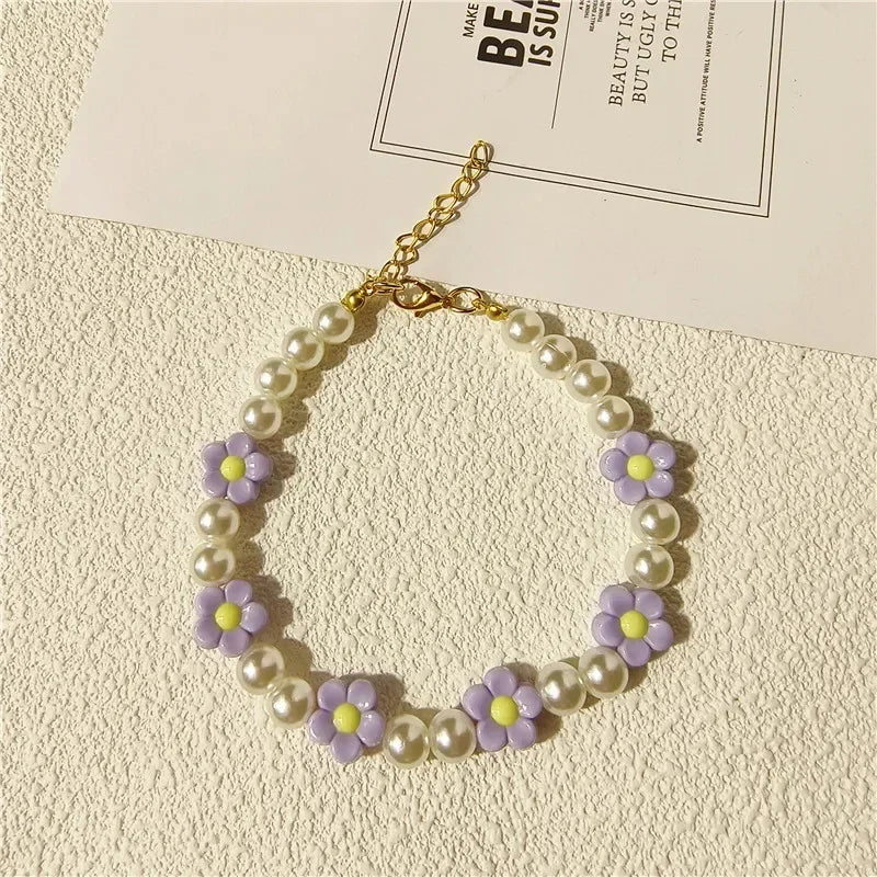 Adjustable Pearl Cat Collar with Flower Charm Fashion Necklace for Small Dogs Puppy Jewelry Accessories Pet Cat Necklace