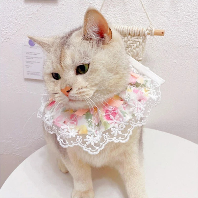 Romantic Floral Neck Collar for Pet Kittens Summer Lace Girl Pet Puppy Bibs Lace Up Bow Knot Ribbon French Bulldog Accessories