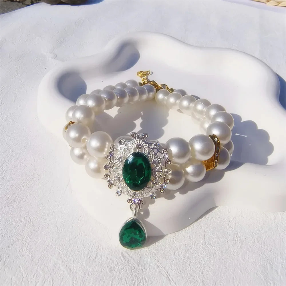 1pc Dog Accessories Double Layer Pearl Pet Necklace Sweet Flower Pendant Cat Neck Chain Adjustable Pearl Collar for Cats Puppy