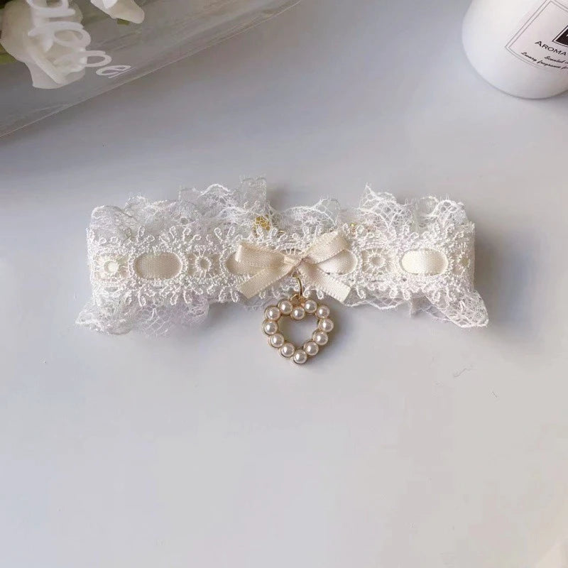 Romantic Lace Neck Collar for Small York Dogs Pearl Heart Adjustable Chihuahua Cat Accessories Bow Knot Girl Pet Puppy Neck Wear