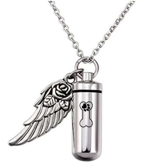 Cylindrical urn wing pendant, perfume bottle jewelry