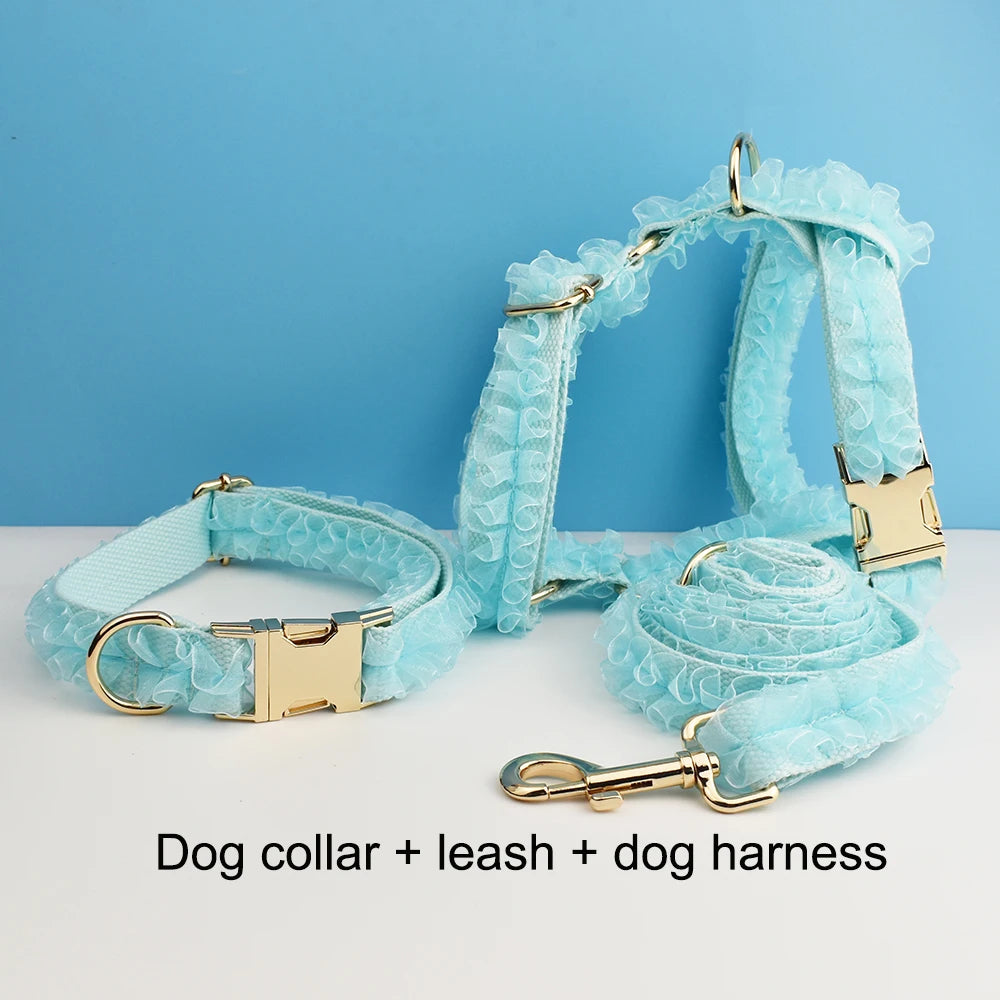 Custom Engraved Light Green Lace Dog Collar Personalized Pet Wedding Harness Luxury Dog Accessories Nameplate Lace 08