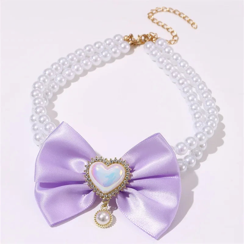 Luxurious Pet Pearl Bow Necklace Dog Collar Little Cat Bell Necklace Vintage Jewelry Pearl Lady Bow Dog Collar Cat Accessories