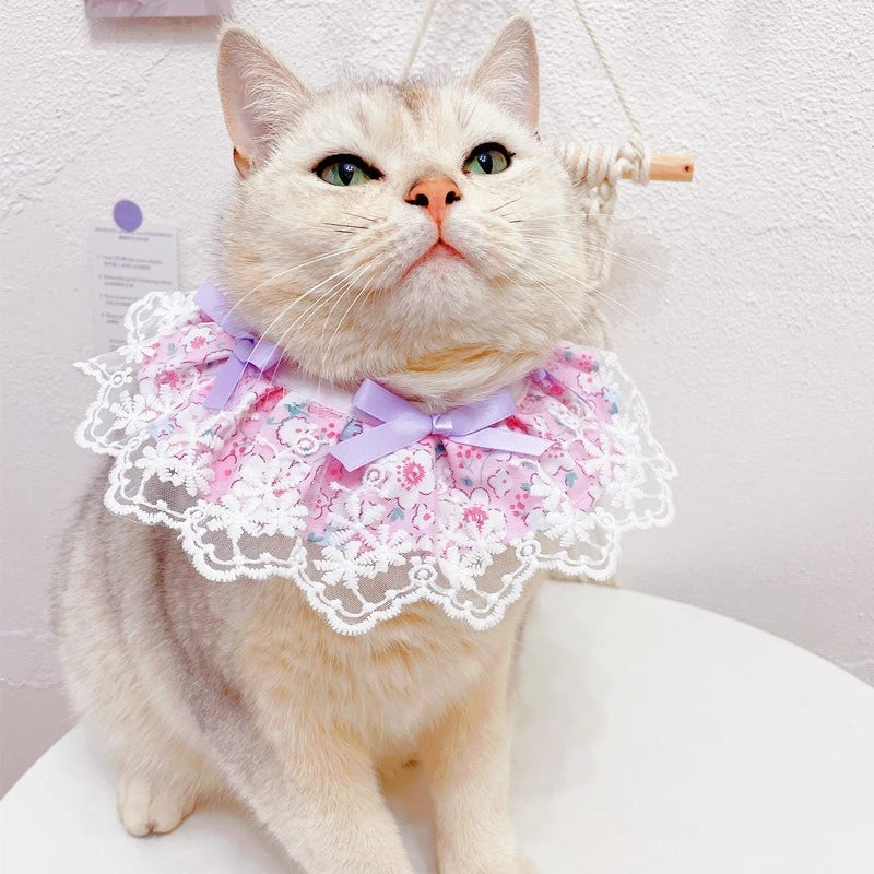 Romantic Floral Neck Collar for Pet Kittens Summer Lace Girl Pet Puppy Bibs Lace Up Bow Knot Ribbon French Bulldog Accessories