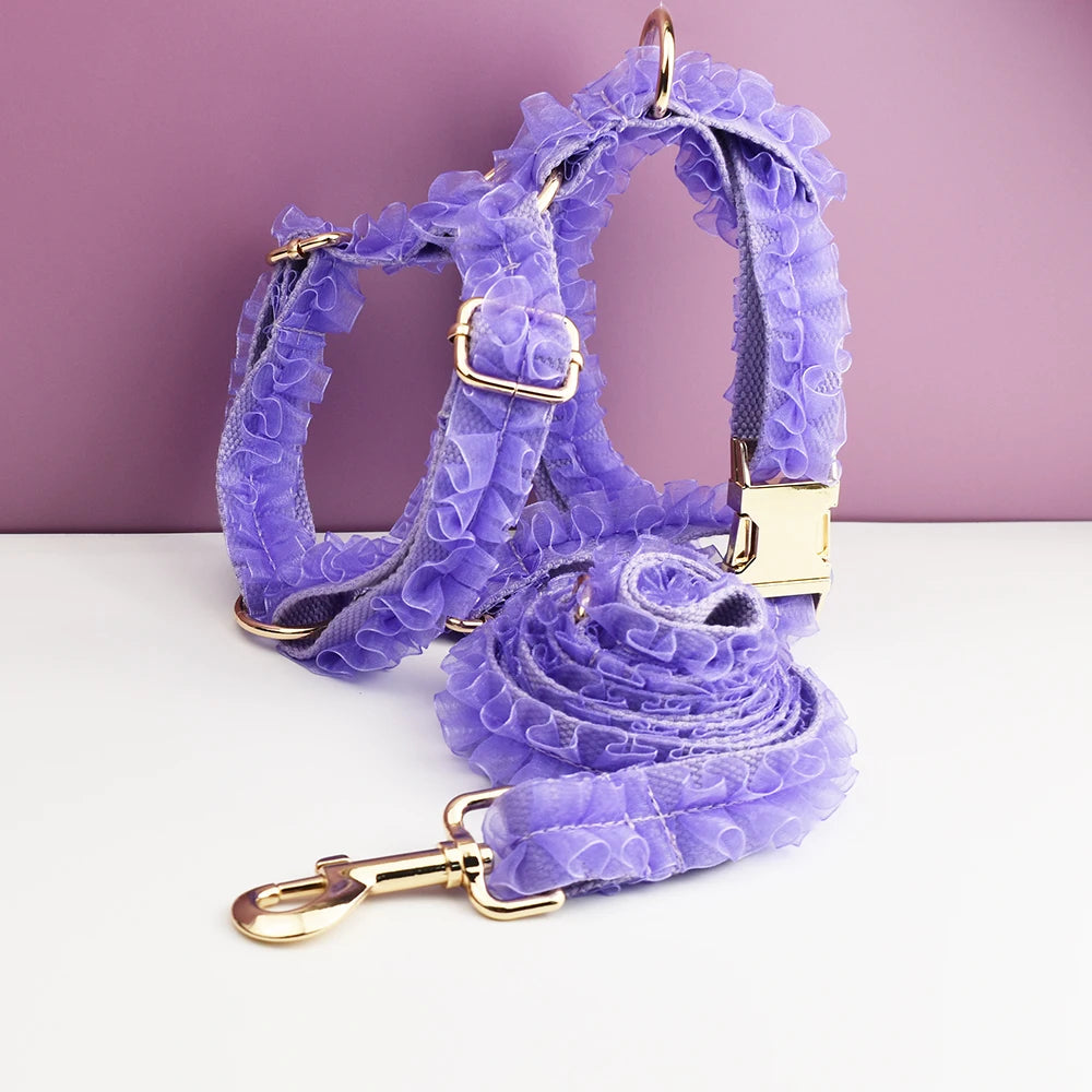 Custom Engraved Purple Lace Dog Collar Personalized Pet Wedding Harness Luxury Dog Accessories Nameplate Lace 07