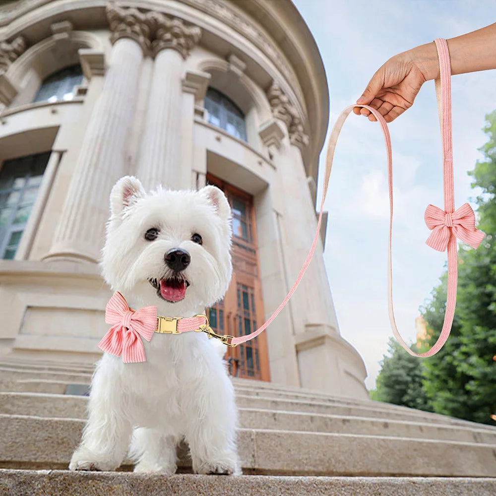 Cute Pink Dog Collar Leash Set With Bowtie Adjustable Soft Velvet Pet Collars And Leash for Small Medium Dogs Dog Accessories