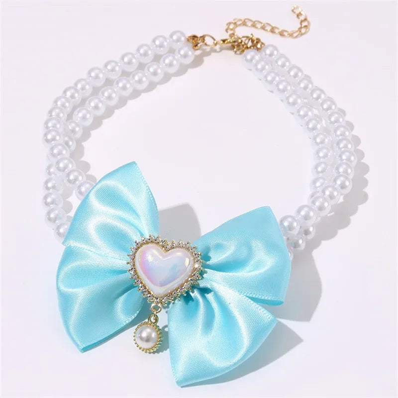 Luxurious Pet Pearl Bow Necklace Dog Collar Little Cat Bell Necklace Vintage Jewelry Pearl Lady Bow Dog Collar Cat Accessories