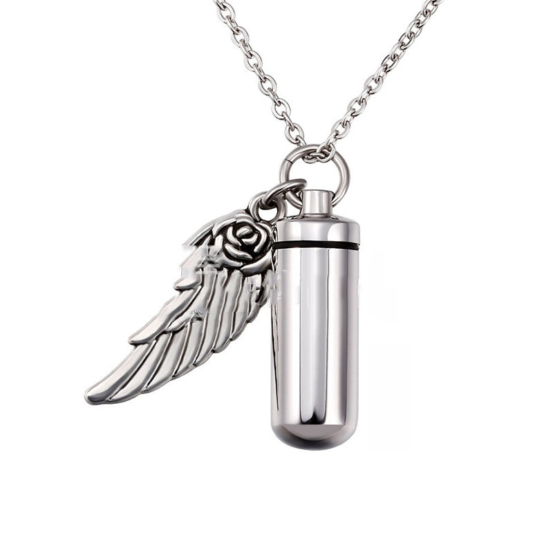 Cylindrical urn wing pendant, perfume bottle jewelry