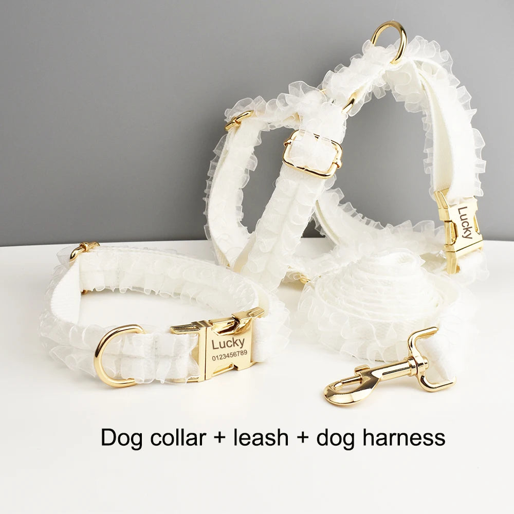 Custom Engraved White Lace Dog Collar Personalized Pet Wedding Harness Luxury Dog Accessories Nameplate Lace 01