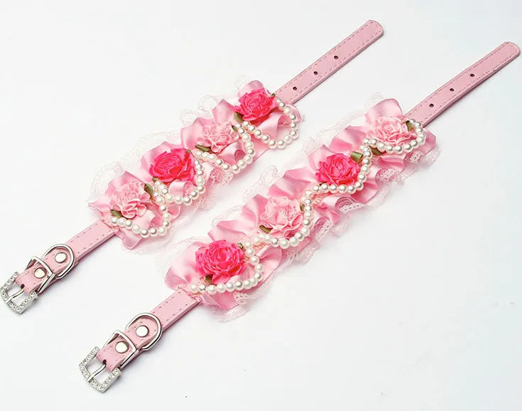 Hot fashion Flower lace pet dog collar with Pearl For Small Animals Soft Leather Adjustable Puppy Cat Collar Harness 3 color
