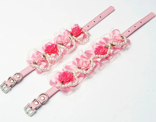 Hot fashion Flower lace pet dog collar with Pearl For Small Animals Soft Leather Adjustable Puppy Cat Collar Harness 3 color