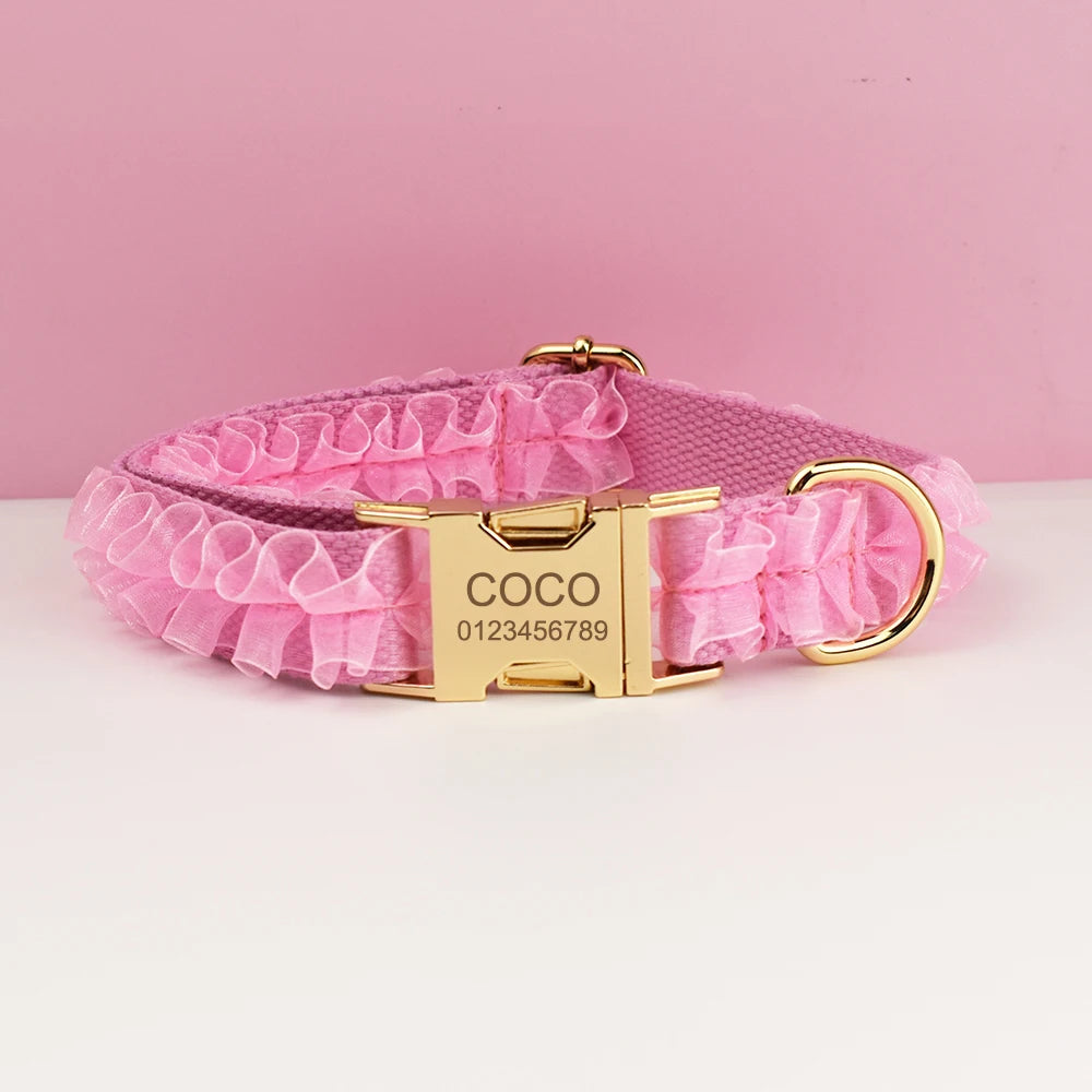 Custom Engraved Pink Lace Dog Collar - Personalized PetHarness Luxury Dog Accessories with Nameplate for Wedding Lace 02