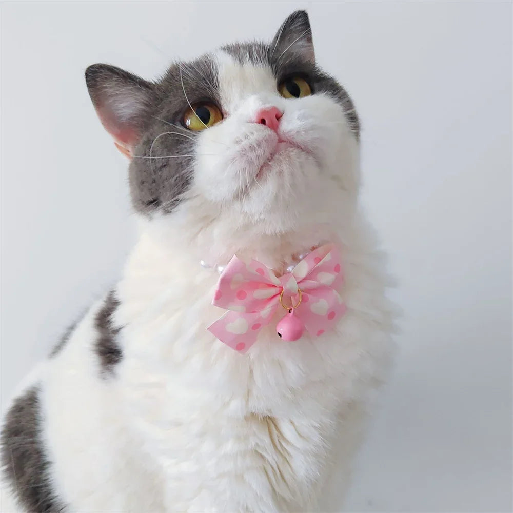1pc Dog Collar Cute Adjustable Kitten Dog Bell Necklace Jewelry Pearl Bow Pet Collar Elegant Party Dress Collar Cat Accessories