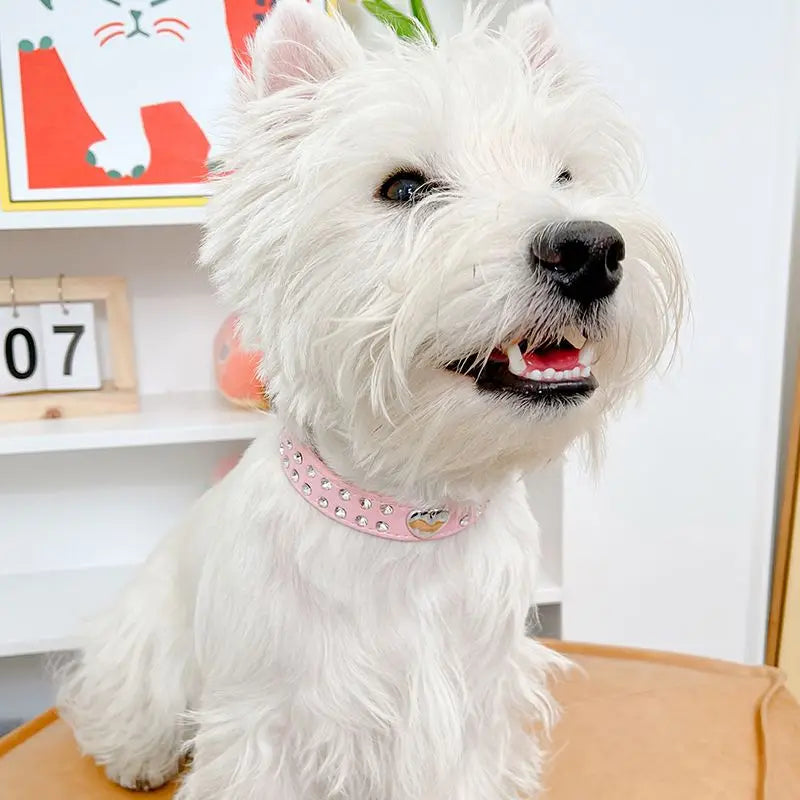 Adjustable Leather Dog Collars Rhinestone Heart Necklac, Pet Accessories Small Medium Large Outdoor Bling