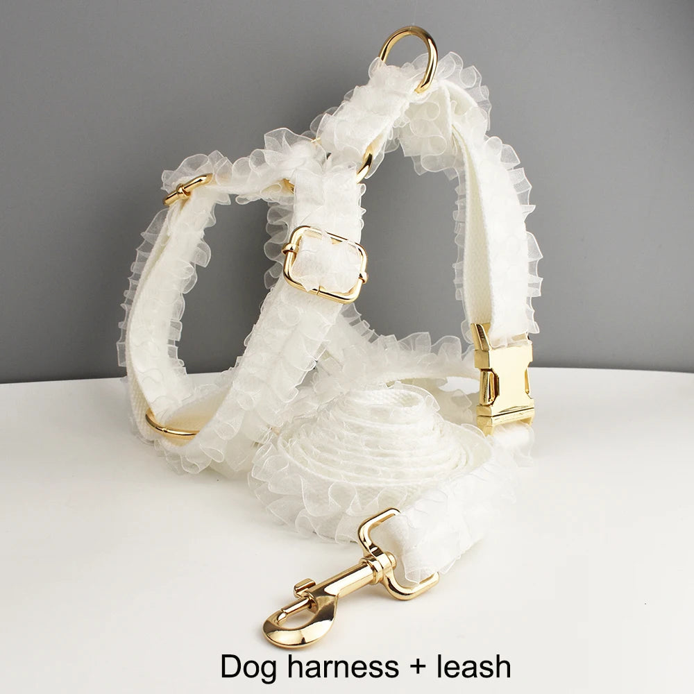 Custom Engraved White Lace Dog Collar Personalized Pet Wedding Harness Luxury Dog Accessories Nameplate Lace 01