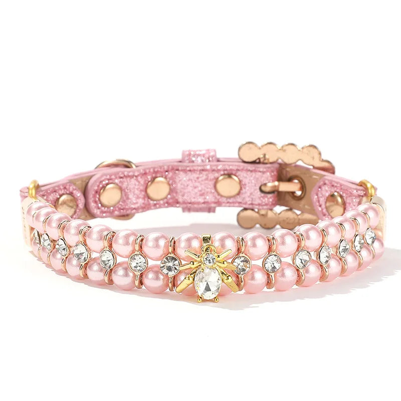 Pet Cat Pearl Collars with Luxury Crystal Rhinestone Diamond, Adjustable PU Leather Collar Necklace for Cats Small Medium Dogs