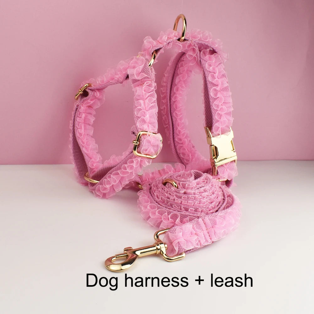 Custom Engraved Pink Lace Dog Collar - Personalized PetHarness Luxury Dog Accessories with Nameplate for Wedding Lace 02