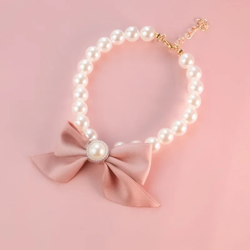 Pet Pearl Bow Necklace Dog Collar Little Cat Dog Bell Necklace Vintage Jewelry Pearl Lady Bow Dog Collar Cat Accessories