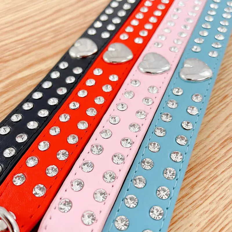 Adjustable Leather Dog Collars Rhinestone Heart Necklac, Pet Accessories Small Medium Large Outdoor Bling