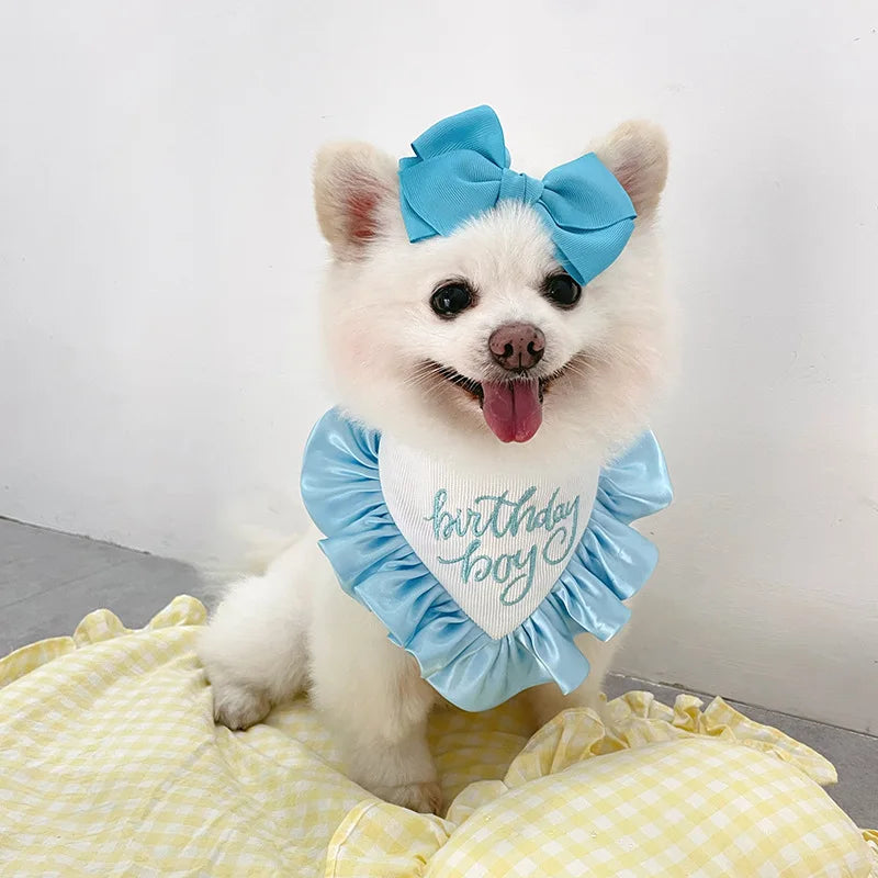 Pet Dog Cats Supplies Cute Pink Blue Letter Print Bibs Collars Birthday Party Tie Puppy Grooming Jewelry Accessories Chihuahua