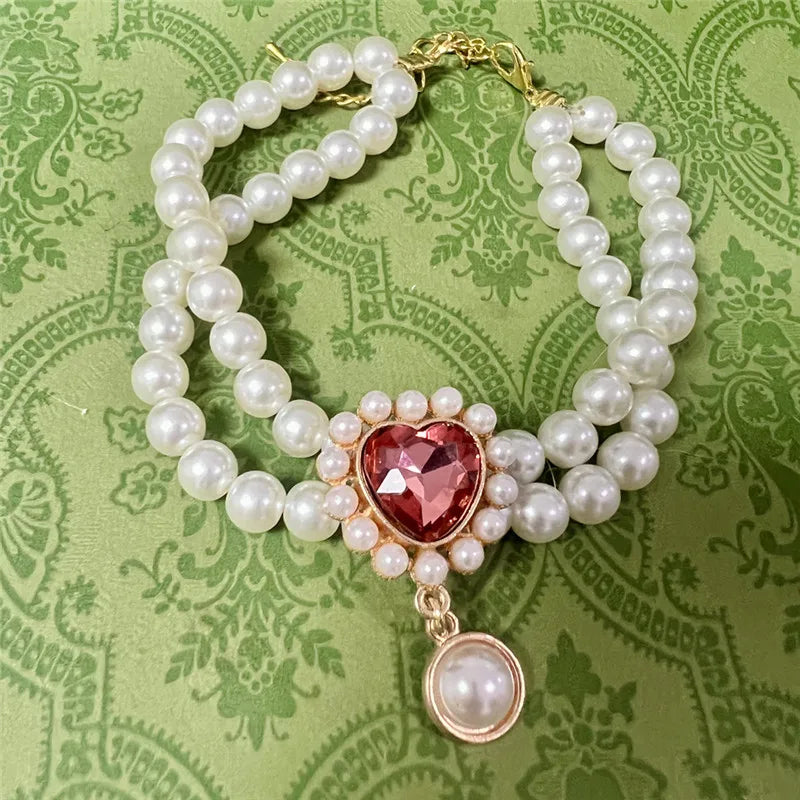 Dog Cat Pearl Collar for Small Dogs Pet Cat Necklace with Luxury Crystal Charms for Wedding Birthday Jewelry Costume Accessories
