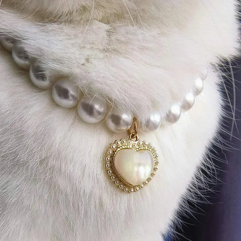 Fashion Adjustable Dog Cat Pearl Necklace Jewelry Opal Heart Collar Pendant Pet Collar Wedding Birthday Prom Costume Accessories