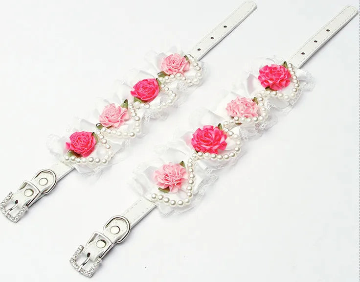 Hot fashion Flower lace pet dog collar with Pearl For Small Animals Soft Leather Adjustable Puppy Cat Collar Harness 3 color