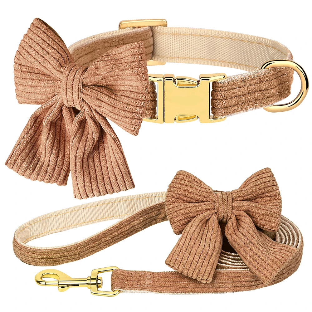 Cute Pink Dog Collar Leash Set With Bowtie Adjustable Soft Velvet Pet Collars And Leash for Small Medium Dogs Dog Accessories