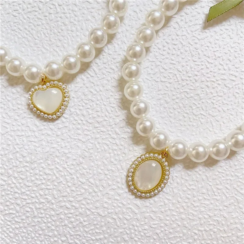 Fashion Adjustable Dog Cat Pearl Necklace Jewelry Opal Heart Collar Pendant Pet Collar Wedding Birthday Prom Costume Accessories
