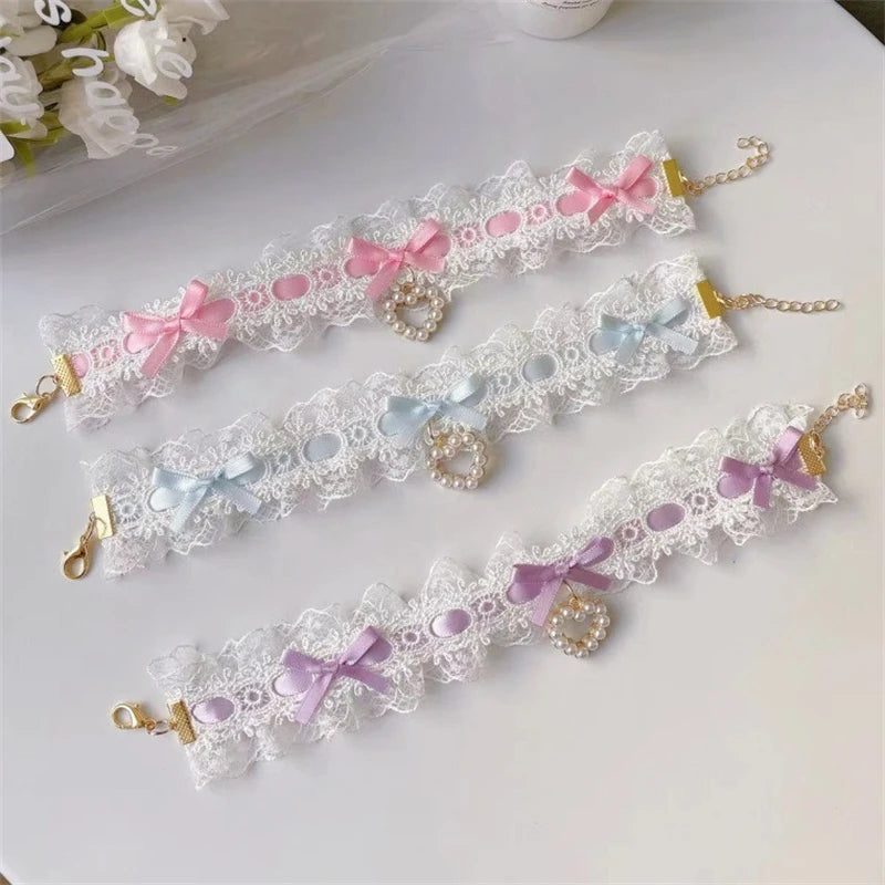 Romantic Lace Neck Collar for Small York Dogs Pearl Heart Adjustable Chihuahua Cat Accessories Bow Knot Girl Pet Puppy Neck Wear