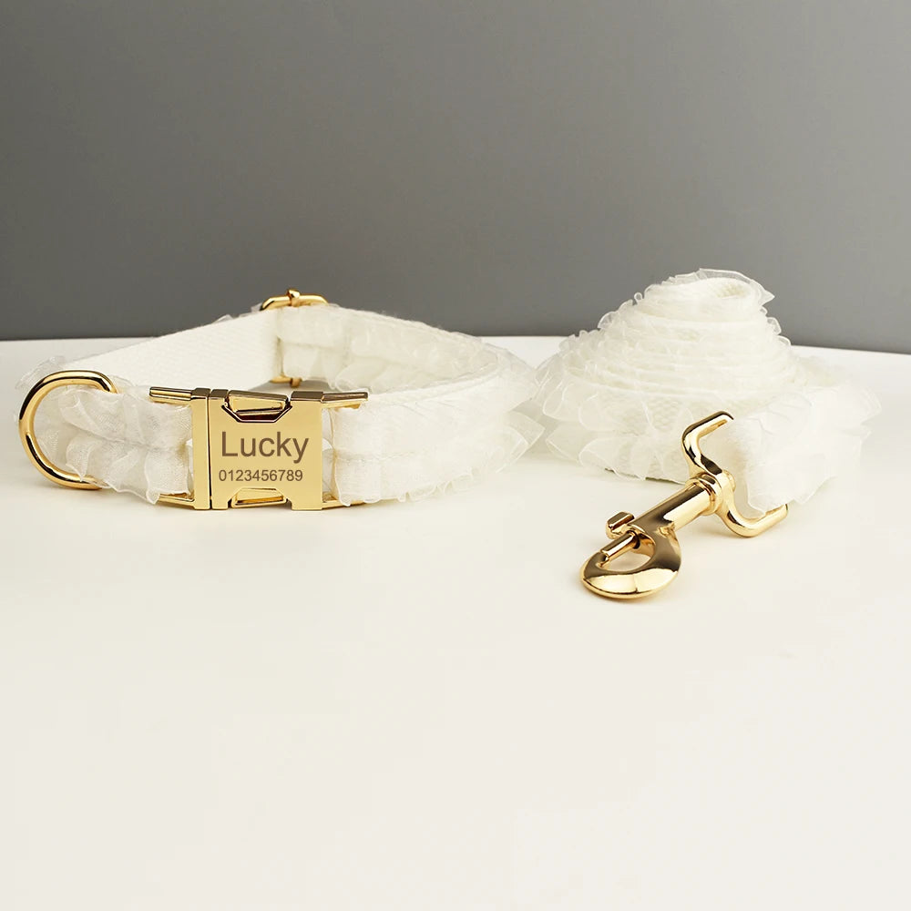 Custom Engraved White Lace Dog Collar Personalized Pet Wedding Harness Luxury Dog Accessories Nameplate Lace 01
