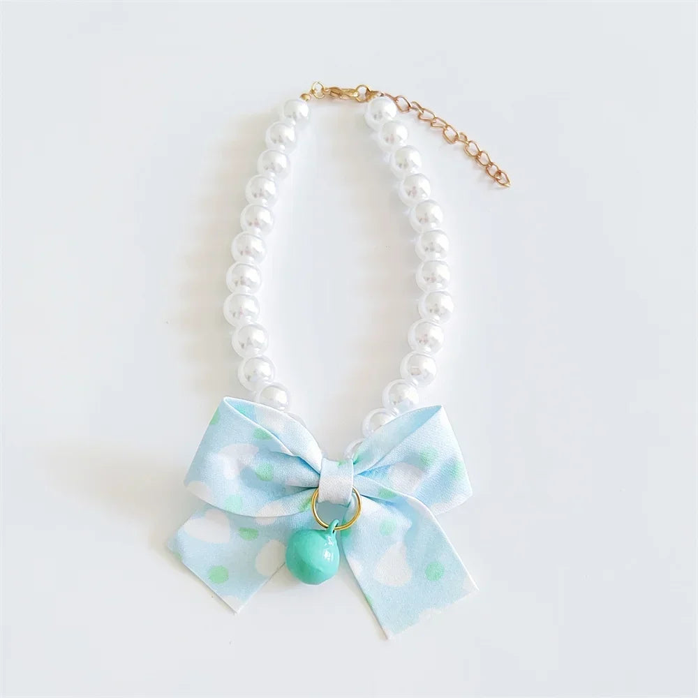 1pc Dog Collar Cute Adjustable Kitten Dog Bell Necklace Jewelry Pearl Bow Pet Collar Elegant Party Dress Collar Cat Accessories