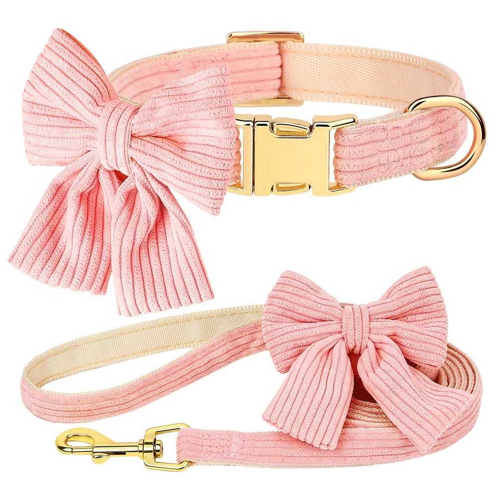 Cute Pink Dog Collar Leash Set With Bowtie Adjustable Soft Velvet Pet Collars And Leash for Small Medium Dogs Dog Accessories