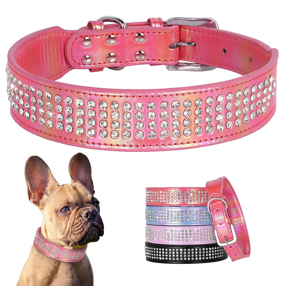 Bling Rhinestone Dog Collar PU Leather Dogs Collars Necklace Glitter Diamond Pet Necklaces Collars For Medium Large Dogs Pug