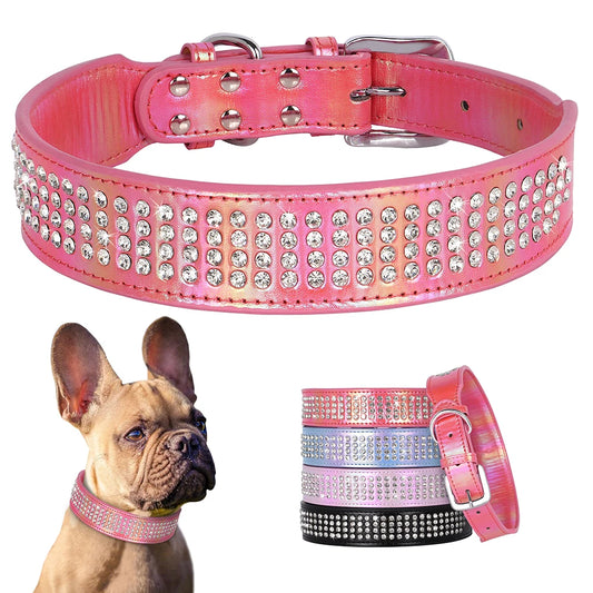 Bling Rhinestone Dog Collar PU Leather Dogs Collars Necklace Glitter Diamond Pet Necklaces Collars For Medium Large Dogs Pug