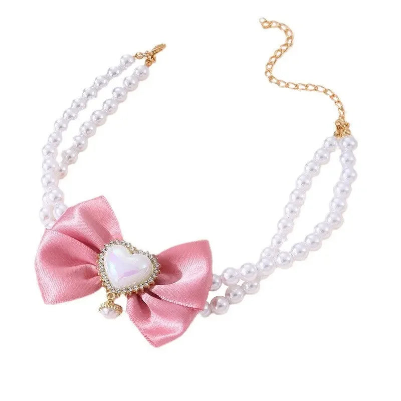 Luxurious Pet Pearl Bow Necklace Dog Collar Little Cat Bell Necklace Vintage Jewelry Pearl Lady Bow Dog Collar Cat Accessories