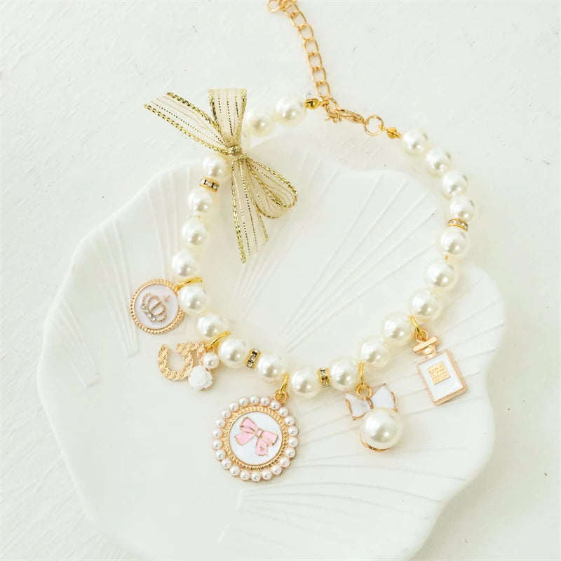 Sweet Girl Bow Knot Necklaces for Cats Lace Pearl Small Medium Puppy Neck Wear Crown Pendant Adjustable Chihuahua Accessories