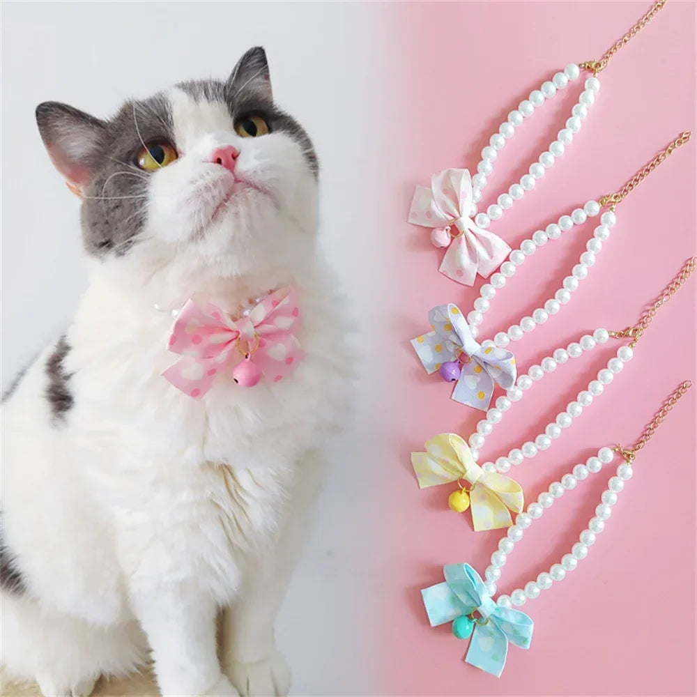 1pc Dog Collar Cute Adjustable Kitten Dog Bell Necklace Jewelry Pearl Bow Pet Collar Elegant Party Dress Collar Cat Accessories