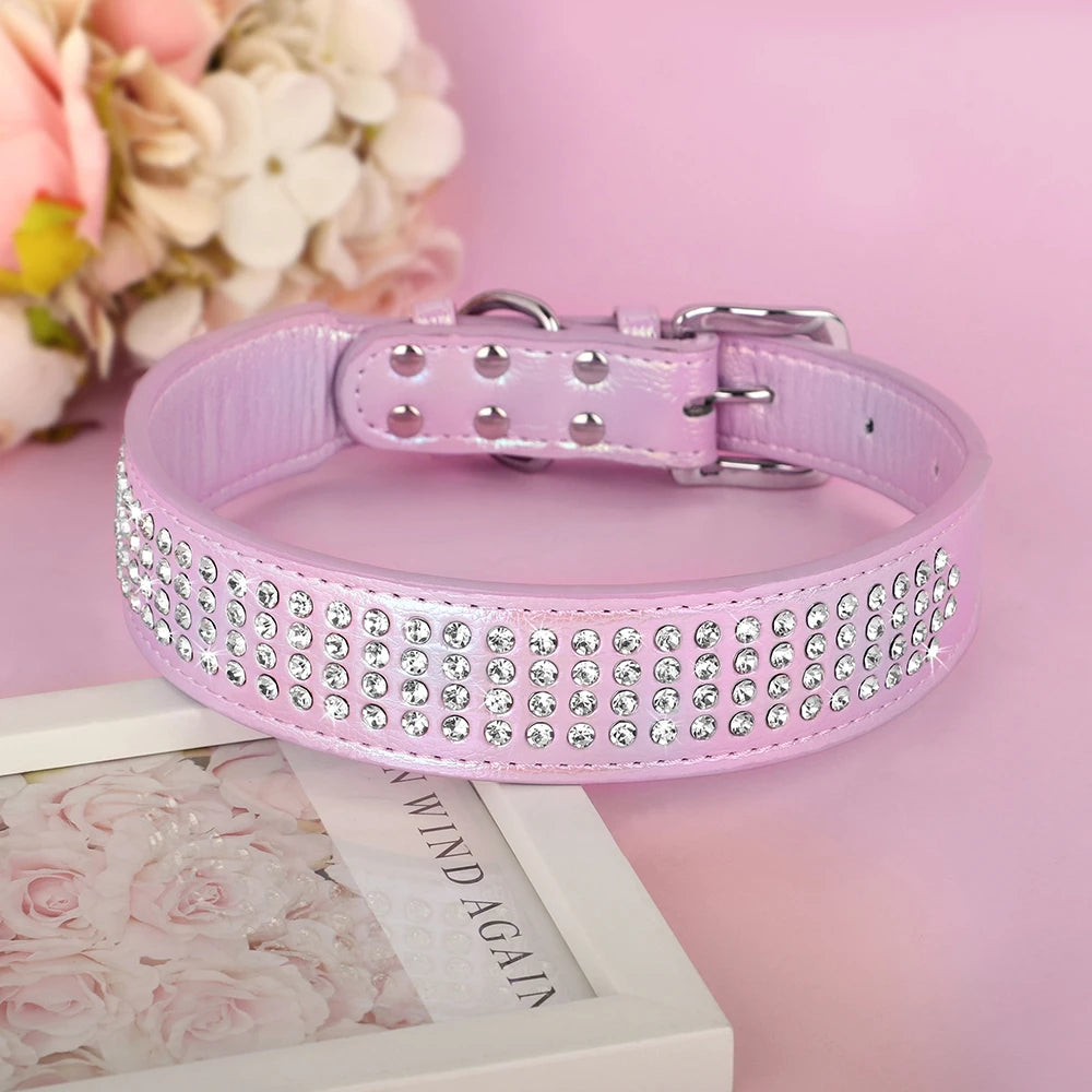 Bling Rhinestone Dog Collar PU Leather Dogs Collars Necklace Glitter Diamond Pet Necklaces Collars For Medium Large Dogs Pug