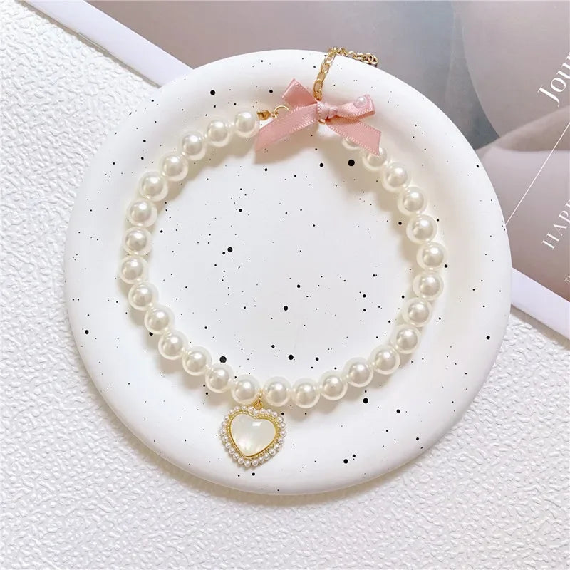 Fashion Adjustable Dog Cat Pearl Necklace Jewelry Opal Heart Collar Pendant Pet Collar Wedding Birthday Prom Costume Accessories