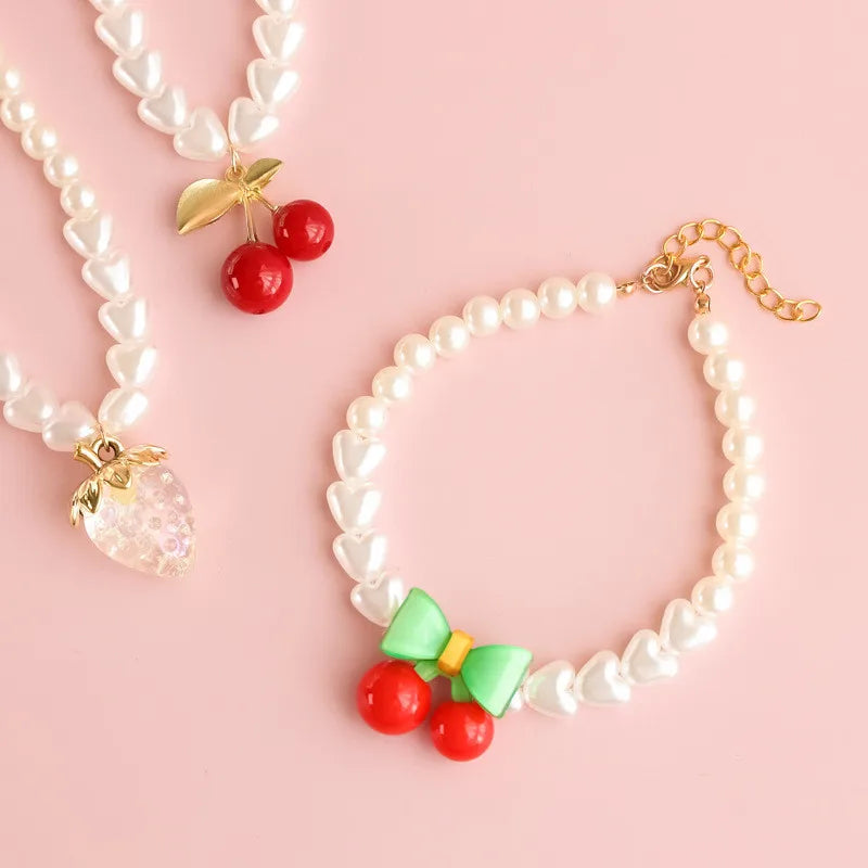 Pet Pearl Collar Dog Princess Bow Necklace Cat Jewelry Cute Collar Puppy Accessories Dog Chain Chihuahua Wedding Jewelry Cherry